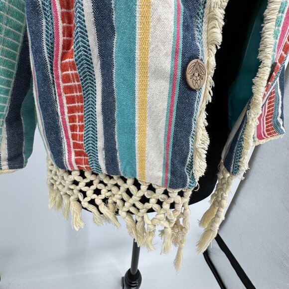 Multiples Striped Cotton Jacket Womens PL Patchwork Crochet Hem Wood Buttons - Picture 4 of 8